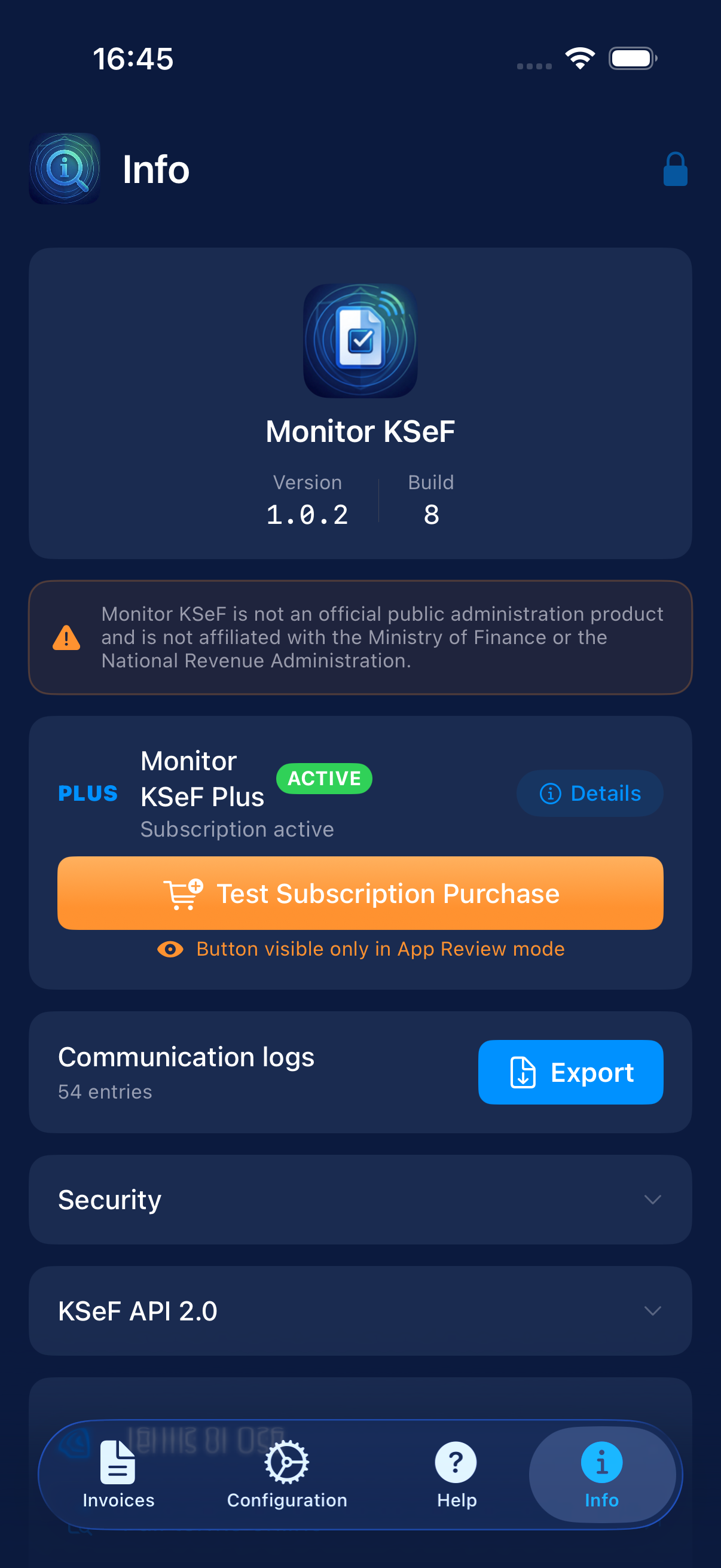 Security screen in Info