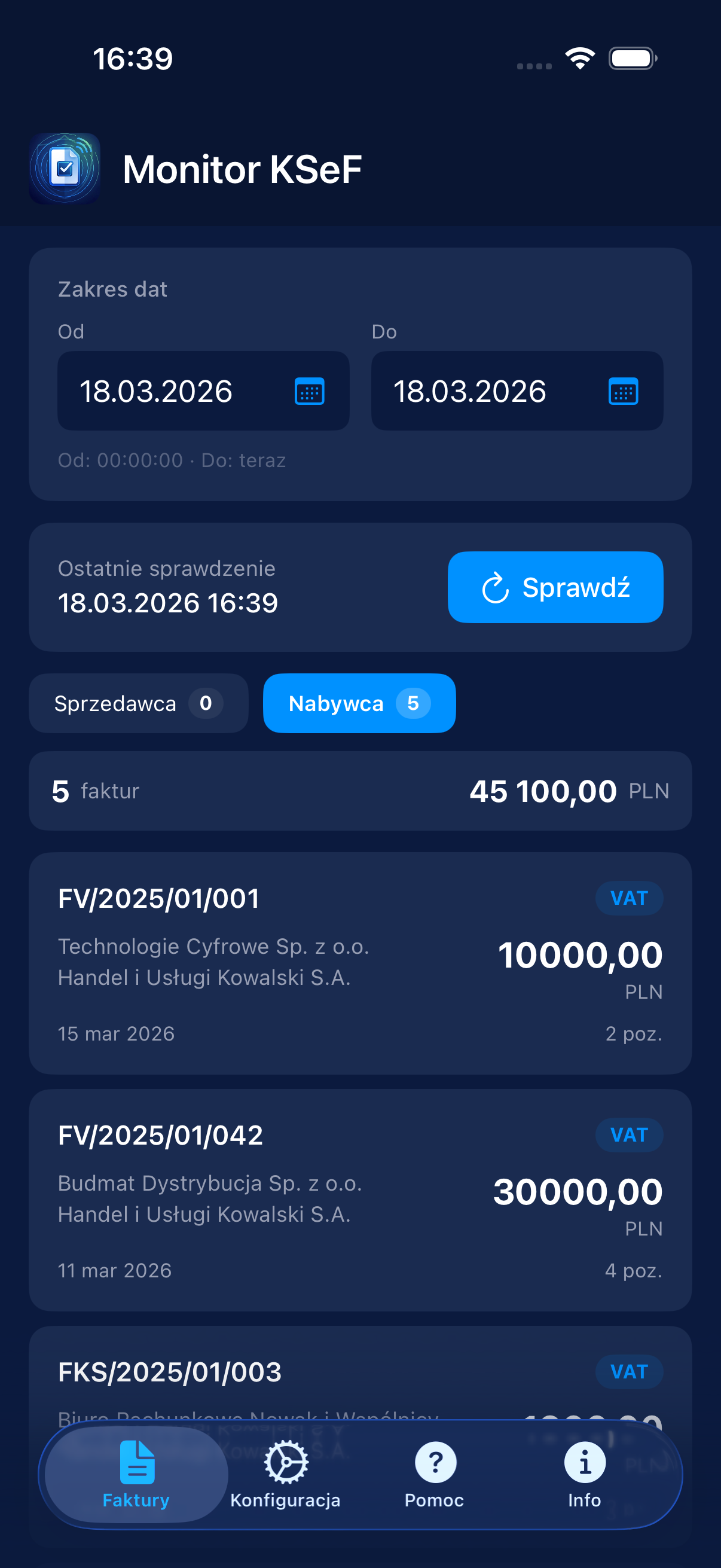 Lista faktur Monitor KSeF